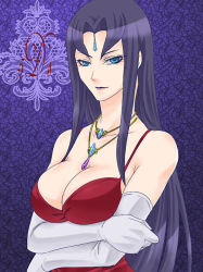 Rule 34 | 00s, blue eyes, blue hair, breasts, cleavage, dress, elbow gloves, gloves, jewelry, large breasts, lipstick, long hair, makeup, misty lola, necklace, purple hair, smile, solo, very long hair, yu-gi-oh!, yu-gi-oh! 5d&#039;s