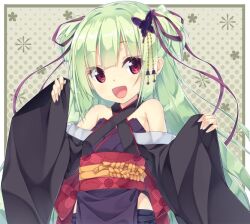 Rule 34 | 1girl, :d, akishisu (air balance), bare shoulders, black kimono, blunt bangs, blunt ends, blush, border, breasts, butterfly hair ornament, commentary, criss-cross halter, eyelashes, eyes visible through hair, floral print, green background, green hair, hair ornament, hair ribbon, halterneck, hands up, happy, hime cut, japanese clothes, kimono, long hair, looking at viewer, murasame (senren), obi, open mouth, pink ribbon, polka dot, polka dot background, red eyes, red sash, ribbon, sash, senren banka, sidelocks, simple background, sleeves past wrists, small breasts, smile, solo, straight hair, two side up, upper body, very long hair, white border, wide sleeves