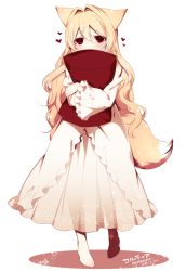 Rule 34 | 1girl, animal ears, barefoot, blonde hair, blush, commentary request, dated, dress, fox ears, fox tail, full body, heart, konshin, long hair, long sleeves, looking at viewer, hugging object, original, pajamas, pillow, pillow hug, red eyes, signature, simple background, solo, standing, tail, white background, white dress