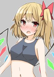 Rule 34 | 1girl, armpit crease, bare shoulders, blonde hair, blush, bow, breasts, commentary request, fang, flandre scarlet, highres, looking at viewer, navel, nono54558, one-hour drawing challenge, open mouth, red bow, simple background, solo, sports bra, tank top, touhou, wings