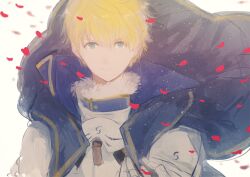 Rule 34 | 1boy, armor, arthur pendragon (fate), blonde hair, blue cape, breastplate, cape, closed mouth, ebi (6 5), falling petals, fate/grand order, fate (series), fur trim, green eyes, looking at viewer, male focus, petals, short hair, simple background, smile, solo, upper body, white background