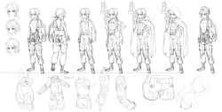 Rule 34 | 1girl, absurdres, assault rifle, boots, breasts, character sheet, cloak, ear protection, flat cap, greyscale, gun, hair between eyes, hat, highres, holding, holding gun, holding weapon, hood, hood down, hood up, hooded cloak, jacket, kalashnikov rifle, knee pads, long hair, low ponytail, monochrome, multiple views, original, pants, ponytail, rifle, shirt, short sleeves, simple background, small breasts, translation request, tuziki sang, v-shaped eyebrows, very long hair, weapon, weapon request, white background