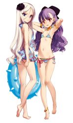 Rule 34 | 2girls, anklet, armlet, armpits, arms up, ass, bare legs, barefoot, bikini, blue eyes, bow, eiyuu senki, feet, flower, from behind, full body, gawain (eiyuu senki), hair between eyes, hair bow, hair flower, hair ornament, half updo, halterneck, highres, innertube, jewelry, long legs, looking back, multiple girls, one-piece swimsuit, ooyari ashito, parted bangs, parted lips, purple hair, red eyes, scan, side-tie bikini bottom, simple background, smile, standing, string bikini, swim ring, swimsuit, toes, vlad tepes (eiyuu senki), white background, white hair