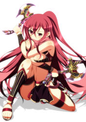 Rule 34 | 1girl, axe, battle axe, blush, body blush, breasts, dual wielding, fighting stance, full body, hair between eyes, half updo, highres, holding, holding weapon, ka2, large breasts, long hair, midriff, original, phantom of the kill, red eyes, red hair, red scarf, scarf, serious, solo, thigh strap, very long hair, weapon, white background