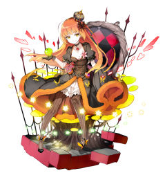Rule 34 | 1girl, apple, black gloves, bug, butterfly, checkered upholstery, choker, clothes lift, cocorip, crown, dress, dress lift, faux figurine, food, fruit, gloves, hairband, insect, kaku-san-sei million arthur, long hair, looking at viewer, million arthur (series), mini crown, official art, orange eyes, orange hair, pantyhose, polearm, ribbed legwear, sitting, smile, snow white, solo, spear, star (symbol), striped clothes, striped dress, throne, weapon, yellow eyes