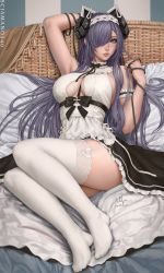 Rule 34 | 1girl, 2022, arm up, artist name, august von parseval (azur lane), august von parseval (the conquered unhulde) (azur lane), azur lane, bare shoulders, bed sheet, bow, bowtie, breasts, breasts apart, closed mouth, frills, grey hair, hair over one eye, highres, horns, large breasts, long hair, lying, maid, on back, one eye covered, purple eyes, purple hair, sciamano240, signature, smile, solo, thighhighs, thighs, white thighhighs