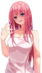 Rule 34 | 1girl, after bathing, anger vein, angry, arm at side, bare arms, bare shoulders, blue eyes, blue nails, blunt bangs, blush, breasts, cleavage, collarbone, commentary request, curvy, eyelashes, fang, furrowed brow, go-toubun no hanayome, hair down, hair over shoulder, hand up, head tilt, highres, large breasts, long hair, looking at viewer, nail polish, nakano nino, naked towel, open mouth, pink hair, raikun raikun, shaded face, simple background, smile, solo, standing, straight hair, towel, upper body, very long hair, white background