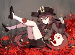 Rule 34 | 1girl, ;d, black hat, brown hair, brown shirt, flower, flower-shaped pupils, full body, genshin impact, ghost, hair flaps, hand on headwear, hat, hu tao (genshin impact), kneehighs, legs up, long hair, long sleeves, looking at viewer, one eye closed, open mouth, red eyes, red flower, shiliuyexiaohei, shirt, shorts, smile, socks, solo, symbol-shaped pupils, white socks