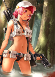 Rule 34 | 1girl, aai corporation, airtronic usa, alternate hair color, assault rifle, belt, between breasts, black panties, blood, breasts, cameltoe, cleavage, cocked hammer, colt&#039;s manufacturing company, colt defense, diemaco, fingerless gloves, fio germi, glasses, gloves, grenade launcher, gun, handgun, hat, highres, holding, jairou, knife, knight&#039;s armament company, left-handed, lewis machine and tool company, m16, m203, metal slug, navel, over shoulder, panties, partially submerged, pink hair, pistol, red eyes, rifle, rm equipment, small breasts, smiley face, solo, sweat, tree, twintails, u.s. ordnance, underbarrel grenade launcher, underwear, vest, wading, water, weapon, weapon over shoulder, wet