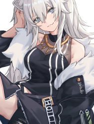 1girl, absurdres, animal ears, bare shoulders, black jacket, black shirt, closed mouth, fang, fur-trimmed jacket, fur trim, gold necklace, grey hair, hand on own head, highres, hololive, jacket, jewelry, light blue eyes, lion ears, long hair, looking at viewer, necklace, off shoulder, shirt, shishiro botan, simple background, sitting, skin fang, sleeveless, sleeveless shirt, solo, striped, striped shirt, virtual youtuber, white background, white stripes, xiu kukkii