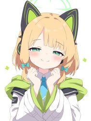 Rule 34 | 1girl, absurdres, animal ears, blonde hair, blue archive, blue necktie, blush, bow, closed mouth, collared shirt, fake animal ears, green bow, green eyes, green halo, hair bow, halo, highres, jacket, long sleeves, looking at viewer, midori (blue archive), necktie, open clothes, open jacket, rabbit ears, shirt, short hair, simple background, smile, solo, upper body, white background, white jacket, white shirt, wide sleeves, yukisiannn
