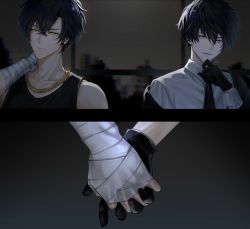 Rule 34 | 2boys, bandaged hand, bandages, bishounen, black gloves, black hair, black necktie, blue eyes, commentary request, gloves, highres, holding hands, jewelry, looking at viewer, makura wet, multiple boys, necklace, necktie, open mouth, original, short hair, sleeve cuffs, upper body, yellow eyes