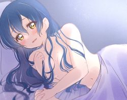 Rule 34 | 1girl, 1other, afterglow, bad id, bad twitter id, bed, bed sheet, blue hair, blush, breasts, brown eyes, collarbone, convenient censoring, hair censor, hair over breasts, holding hands, interlocked fingers, long hair, looking at viewer, love live!, love live! school idol project, lying, medium breasts, naked sheet, navel, on bed, osonokichi, pov, pov across bed, purple theme, smile, solo focus, sonoda umi, sweat