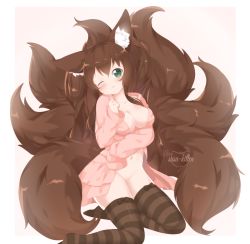 Rule 34 | 1girl, animal ear fluff, animal ears, bad id, bad pixiv id, black thighhighs, blush, bottomless, breasts, brown hair, cardigan, cleavage, commission, fluffy, fox ears, fox tail, green eyes, groin, hair between eyes, kneeling, large tail, long hair, multiple tails, naked cardigan, navel, no bra, one eye closed, original, pink cardigan, plushmallow, sitting, sleeves past wrists, smile, solo, striped clothes, striped thighhighs, susukitten, tail, thighhighs