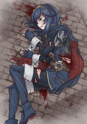 Rule 34 | 1girl, blood, blood on face, blood on clothes, blue eyes, blue hair, cape, defeat, fingerless gloves, fire emblem, fire emblem awakening, gloves, lucina (fire emblem), lying, meis (terameisu), nintendo, on ground, on side, open mouth, ryona, scar, solo, tiara, torn clothes