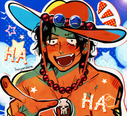 Rule 34 | 1boy, absurdres, bead necklace, beads, black hair, blush, cowboy hat, drop shadow, earrings, freckles, goggles, goggles on headwear, hat, highres, huyandere, jewelry, laughing, male focus, medium hair, necklace, one piece, open mouth, pointing, portgas d. ace, solo, sound effects, star (symbol), stud earrings, tattoo, tearing up, toned, toned male, topless male, upper body, wavy hair