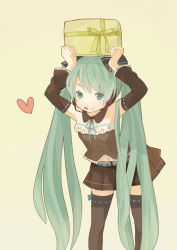 Rule 34 | 1girl, :q, armpits, arms up, bad id, bad pixiv id, bare shoulders, belt, collar, detached sleeves, gift, green eyes, green hair, hatsune miku, heart, holding, long hair, matching hair/eyes, mmm72, navel, object on head, simple background, skirt, solo, thighhighs, tongue, tongue out, twintails, very long hair, vocaloid