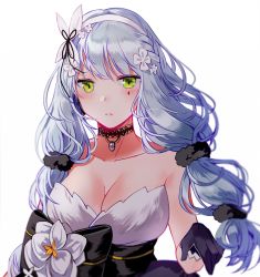 Rule 34 | 1girl, alternate hairstyle, bad id, bad twitter id, black scrunchie, blunt bangs, blush, breasts, choker, cleavage, closed mouth, collarbone, dress, earrings, facial mark, floating hair, flower, gem, girls&#039; frontline, gloves, green eyes, hair flower, hair ornament, hair scrunchie, hairband, hand up, hk416 (girls&#039; frontline), hk416 (starry cocoon) (girls&#039; frontline), jewelry, lace, lace choker, large breasts, layered dress, long hair, looking at viewer, multi-tied hair, official alternate costume, pendant, purple gemstone, purple gloves, scrunchie, sidelocks, silence girl, silver hair, simple background, solo, strapless, strapless dress, teardrop, very long hair, white background, white flower, white hairband