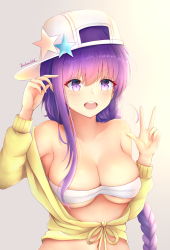 Rule 34 | 1girl, :d, arm up, bare shoulders, baseball cap, bb (fate), bb (fate) (all), bb (swimsuit mooncancer) (fate), bb (swimsuit mooncancer) (first ascension) (fate), bikini, blush, braid, breasts, cleavage, collarbone, endsmall min, fate/grand order, fate (series), front-tie top, gradient background, grey background, hair between eyes, hat, hat ornament, highres, jacket, long hair, long sleeves, medium breasts, navel, open mouth, purple eyes, purple hair, round teeth, sideways hat, signature, single braid, smile, solo, star (symbol), swimsuit, teeth, upper body, upper teeth only, v-shaped eyebrows, very long hair, white background, white bikini, white hair, yellow jacket