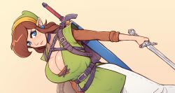 Rule 34 | 1girl, angry, belt, blue eyes, breasts, brellom, brown hair, choker, cleavage, dutch angle, earrings, freckles, genderswap, hat, highres, holding, holding sword, holding weapon, huge breasts, jewelry, large breasts, link, looking at viewer, master sword, nintendo, pointy ears, scabbard, sheath, simple background, solo, sword, the legend of zelda, weapon