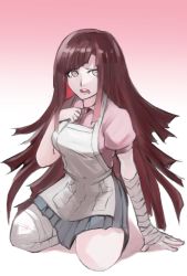Rule 34 | 1girl, apron, bandaged arm, bandaged leg, bandages, breasts, brown hair, collared shirt, danganronpa (series), danganronpa 2: goodbye despair, gradient background, grey apron, grey background, gumi (the eye of darkness), hand up, highres, kneeling, large breasts, open mouth, pink eyes, pink shirt, pleated skirt, puffy short sleeves, puffy sleeves, red hair, shirt, short sleeves, simple background, skirt, solo, tearing up, teeth, tsumiki mikan, upper teeth only