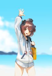 Rule 34 | 1girl, absurdres, anchor, anchor symbol, arm up, bag, blush, brown eyes, brown hair, cloud, day, handbag, hara shoutarou, headgear, highres, holding, hood, hooded jacket, hoodie, innertube, jacket, kantai collection, long sleeves, name tag, one-piece swimsuit, open mouth, outdoors, short hair, sky, solo, swim ring, swimsuit, swimsuit under clothes, water, waving, yukikaze (kancolle), zipper