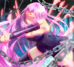 Rule 34 | 1girl, black dress, black sleeves, black thighhighs, blurry, blurry foreground, breasts, chain, cleavage, closed mouth, detached sleeves, dress, fate/stay night, fate (series), floating hair, frown, hair intakes, holding, holding weapon, large breasts, long hair, long sleeves, masked, medusa (fate), medusa (rider) (fate), pink hair, short dress, sleeveless, sleeveless dress, solo, strapless, strapless dress, thighhighs, toratora789, very long hair, weapon, zettai ryouiki