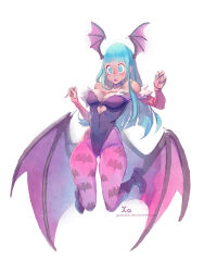Rule 34 | 1girl, :o, animal print, aqua eyes, aqua hair, artist name, bare shoulders, bat print, bat wings, black footwear, black leotard, blunt bangs, blush, boots, breasts, bridal gauntlets, chestnut mouth, cleavage, collarbone, commentary, covered navel, demon girl, english commentary, full body, fur trim, gluteal fold, hands up, head wings, highleg, highleg leotard, highres, legs up, leotard, long hair, looking at viewer, low wings, medium breasts, morrigan aensland, narrow waist, open mouth, pantyhose, photoshop (medium), print pantyhose, purple pantyhose, purple wings, sidelocks, simple background, solo, straight hair, surprised, taut clothes, thick thighs, thighs, vampire (game), w arms, watermark, web address, white background, wide-eyed, wings, xaxaxa