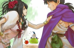 Rule 34 | 1boy, 1girl, bandaid, black hair, blue eyes, bracelet, breasts, cape, cleavage, deborah (dq5), dragon quest, dragon quest v, earrings, evil apple, feather boa, flower, hair flower, hair ornament, hand on own hip, hero (dq5), hoop earrings, husband and wife, jewelry, lipstick, long hair, makeup, mole, necklace, pekuchin (pekuchin 3), pink lips, red flower, red rose, ring, rose, slime knight, sweatdrop, turban