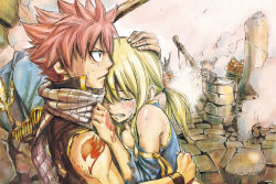 Rule 34 | 1boy, 1girl, bare shoulders, blonde hair, blush, clenched teeth, crying, dirty, dirty clothes, dirty face, eyelashes, fairy tail, fairy tail houou no miko, from side, hand on another&#039;s head, hands on another&#039;s head, hetero, hug, long hair, lucy heartfilia, mashima hiro, natsu dragneel, pink hair, ruins, scarf, serious, short hair, spiked hair, tattoo, tears, teeth, torn clothes, twintails