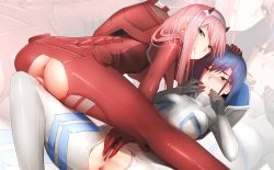Rule 34 | 10s, 2girls, anus, aqua eyes, ass, ass cutout, blue hair, blush, bodysuit, breasts, censored, closed mouth, clothing cutout, crotch cutout, darling in the franxx, fingering, from behind, ginhaha, green eyes, hairband, horns, ichigo (darling in the franxx), long hair, looking at viewer, looking back, lying, mosaic censoring, multiple girls, on back, pilot suit, pink hair, pussy, red bodysuit, short hair, skin tight, spread legs, straight hair, tongue, tongue out, uniform, white hairband, zero two (darling in the franxx), zoom layer
