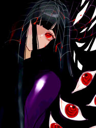 Rule 34 | 1girl, black hair, blood, e.g.o (project moon), highres, jacket, limbus company, long hair, looking at viewer, project moon, purple jacket, red eyes, ryoshu (project moon), sidelocks, silk, solo, spider bud, spider web, very long hair, y0ru73