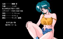 Rule 34 | 1girl, arm support, breasts, covered erect nipples, denim, denim shorts, green eyes, green hair, half-closed eyes, hand on knee, hand on own knee, injuu genmu, injuu genmu 2, japanese text, large breasts, legs, looking at viewer, measurements, midriff, navel, pc98, seductive gaze, seductive smile, short hair, short shorts, shorts, sitting, smile, solo, tank top, thighs, translation request, unbuttoned, unzipped