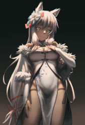 Rule 34 | 1girl, animal ear fluff, animal ears, bad id, bad pixiv id, bare shoulders, breasts, brown eyes, china dress, chinese clothes, cleavage, cleavage cutout, closed mouth, clothing cutout, commentary request, covered navel, dark-skinned female, dark skin, detached sleeves, dress, flower, girls&#039; frontline, hair between eyes, hair flower, hair ornament, hair ribbon, hand up, highres, hironii (hirofactory), long hair, long sleeves, looking at viewer, m590 (angel&#039;s trumpet) (girls&#039; frontline), m590 (girls&#039; frontline), medium breasts, nail polish, official alternate costume, pelvic curtain, pink nails, print dress, red ribbon, ribbon, sidelocks, sleeveless, sleeveless dress, sleeves past wrists, smile, solo, very long hair, white dress, white flower, white hair, white sleeves