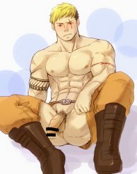 Rule 34 | 1boy, abs, arm tattoo, ass, bar censor, bara, blush, boots, censored, clothing cutout, crotchless, crotchless pants, flaccid, foreskin, katoributa a, knee boots, looking at viewer, male focus, male pubic hair, multicolored hair, muscular, muscular male, nipples, pants, pectorals, penis, pubic hair, red eyes, scar, scar across eye, scar on face, short hair, sideburns, solo, spread legs, stomach, tattoo, onogami tetsuya, thigh cutout, tokyo houkago summoners, topless male, two-tone hair, undercut