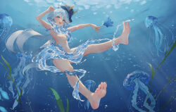 Rule 34 | 1girl, armpits, bare arms, bare legs, bare shoulders, barefoot, blue eyes, blue hair, blue headwear, drop-shaped pupils, feet, fish, full body, furina (genshin impact), genshin impact, hat, highres, legs, long hair, looking at viewer, mismatched pupils, no bra, no panties, nude, open mouth, soles, symbol-shaped pupils, those girls, toes, top hat, water, water censor
