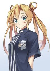 Rule 34 | 1girl, 3:, abukuma (kancolle), arms behind back, artworks/77576602, blonde hair, blue eyes, blue shirt, blush, breast pocket, breasts, closed mouth, collared shirt, commentary request, double bun, employee uniform, hair bun, hair rings, highres, kantai collection, lawson, long hair, name tag, negahami, pocket, shirt, short sleeves, simple background, solo, striped clothes, striped shirt, uniform, upper body, vertical-striped clothes, vertical-striped shirt