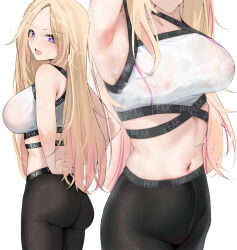 1girl armpits ass black_leggings blonde_hair blush breasts commentary covered_erect_nipples gakuen_idolmaster highres idolmaster juo_sena kebohan large_breasts leggings long_hair looking_at_viewer multicolored_hair multiple_views navel pink_hair presenting_armpit simple_background sports_bra steaming_body streaked_hair sweat two-tone_hair very_long_hair white_background white_sports_bra