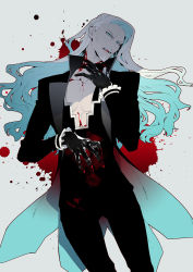 Rule 34 | 1boy, beard, blood, blood splatter, blood on hands, blue eyes, cowboy shot, facial hair, fate/apocrypha, fate (series), formal, fur-trimmed sleeves, fur trim, highres, holding, holding weapon, koshiro itsuki, limited palette, long hair, long sleeves, male focus, shaded face, simple background, smile, solo, suit, vlad iii (fate/apocrypha), weapon