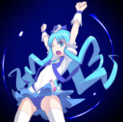 Rule 34 | 10s, 1girl, ;d, arms up, blue eyes, blue hair, blue skirt, blue theme, bow, brooch, cameltoe, caryo, cure marine, hair ornament, hairpin, heart, heart brooch, heartcatch precure!, jewelry, kurumi erika, long hair, nanashino, one eye closed, open mouth, panties, pantyshot, partially visible vulva, precure, ribbon, skirt, smile, solo, standing, thighhighs, underwear, upskirt, white thighhighs, wink, wrist cuffs