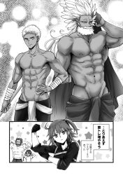 Rule 34 | 1girl, 4boys, abs, alexander (fate), bandaged arm, bandages, bara, beard, biceps, braid, buna s2, cape, facial hair, fate/grand order, fate (series), flexing, fujimaru ritsuka (female), hand on own hip, hatching (texture), holding, holding cape, holding clothes, holding polearm, holding weapon, iskandar (fate), multiple boys, muscular, muscular male, old, old man, pectorals, polearm, ptolemy (fate), shirt, topless male, translation request, weapon, white shirt, woven hatching, wrinkled skin
