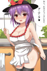 Rule 34 | absurdres, apron, bare legs, bare shoulders, breasts, cleavage, commentary request, guard vent jun, highres, nagae iku, naked apron, purple hair, red eyes, thighhighs, thighs, touhou, translation request