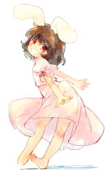 Rule 34 | 1girl, animal ears, barefoot, black hair, dress, grin, inaba tewi, kneepits, looking back, rabbit ears, rabbit girl, rabbit tail, red eyes, sen1986, smile, solo, tail, touhou
