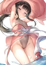 Rule 34 | 1girl, absurdres, armpits, arms up, bare shoulders, black hair, blue eyes, blush, breasts, cameltoe, clothing request, cowboy shot, detached sleeves, highres, leotard, long hair, navel, obi, original, parted lips, petite, ponytail, sash, scan, see-through, sidelocks, simple background, small breasts, solo, thigh gap, wading, water, waymay, wet, white background, wide sleeves