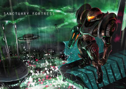 Rule 34 | 1girl, armor, arms at sides, cityscape, clenched hand, cloud, commentary request, dark suit (metroid), english text, fisheye, full body, glowing, gun, helmet, metroid, metroid prime 2: echoes, nintendo, outdoors, power armor, power suit, rain, samus aran, scenery, science fiction, signature, solo, standing, text focus, thunder, weapon, zuma (zuma yskn)