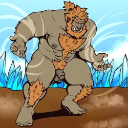 Rule 34 | 1boy, abs, aerokinesis, bara, beard, body fur, chest tuft, colored skin, completely nude, facial hair, fighting stance, full body, green eyes, green skin, highres, huge eyebrows, ice crystal, jewelry, k0utato, large pectorals, low ponytail, male focus, mature male, monster boy, muscular, muscular male, navel, navel hair, neck ring, nipple piercing, nipple rings, nipples, nude, orange hair, orc, original, pectorals, penis, penis piercing, piercing, pointy ears, short hair, solo, standing, strongman waist, thick eyebrows, thick thighs, thighs, tusks, v-shaped eyebrows, wind