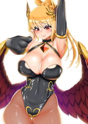 Rule 34 | 1girl, absurdres, arm up, armlet, armpits, bad id, bad pixiv id, black leotard, blonde hair, breasts, brown dust, choker, cleavage, contrapposto, covered navel, cowboy shot, detached sleeves, elysee (brown dust), era (erasion), feathered wings, fishnet pantyhose, fishnets, gem, gluteal fold, halterneck, headgear, highres, large breasts, leotard, lips, long hair, looking at viewer, low wings, pantyhose, pink lips, ponytail, red eyes, skin tight, smile, solo, standing, thigh gap, white background, wide hips, wing ornament, wings