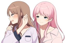 2girls bang_dream! bang_dream!_it&#039;s_mygo!!!!! blush brown_hair chihaya_anon closed_mouth commentary ear_blush grey_eyes hand_on_another&#039;s_shoulder hashtag-only_commentary highres hiruver long_hair multiple_girls nagasaki_soyo open_mouth pajamas pink_hair pink_shirt purple_shirt shirt simple_background smile sweatdrop white_background yuri