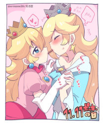 Rule 34 | 2girls, ^^^, bare shoulders, blonde hair, blue dress, blue eyes, blush, closed eyes, commentary request, crown, dated, dress, earrings, elbow gloves, eromame, food, gloves, hair between eyes, heart, heartbeat, holding hands, interlocked fingers, jewelry, mario (series), multiple girls, nintendo, pink dress, pocky, pocky kiss, princess peach, rosalina, shared food, sphere earrings, super mario galaxy, twitter username, white gloves, wide sleeves, yuri