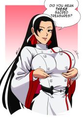 Rule 34 | 1girl, black eyes, black hair, border, breast hold, breast lift, breasts, cowboy shot, cropped legs, english text, gradient background, hairband, highres, kagura chizuru, large breasts, long hair, looking at viewer, mergeritter, outside border, presenting, snk, solo, speech bubble, standing, teeth, the king of fighters, the king of fighters xv, upper teeth only, very long hair, white border, white hairband